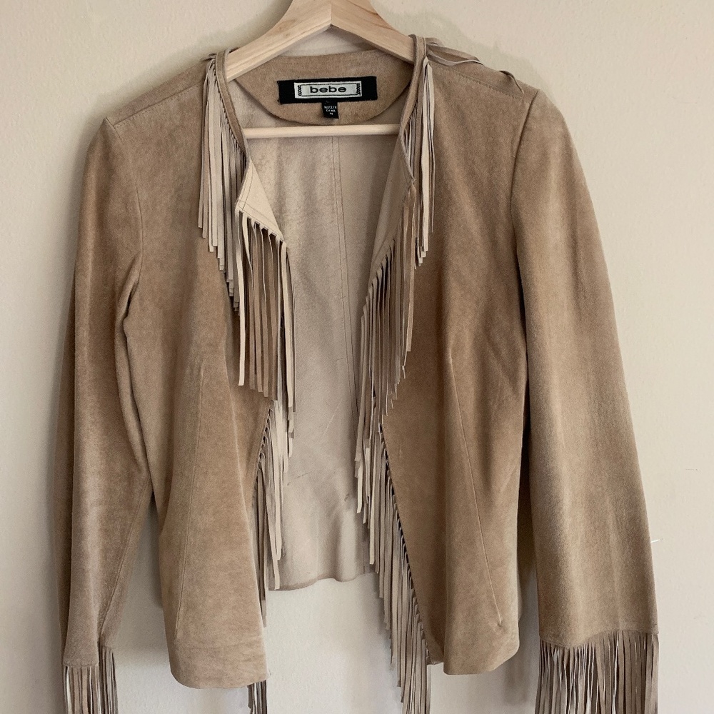 bebe genuine suede leather tan fringe jacket
